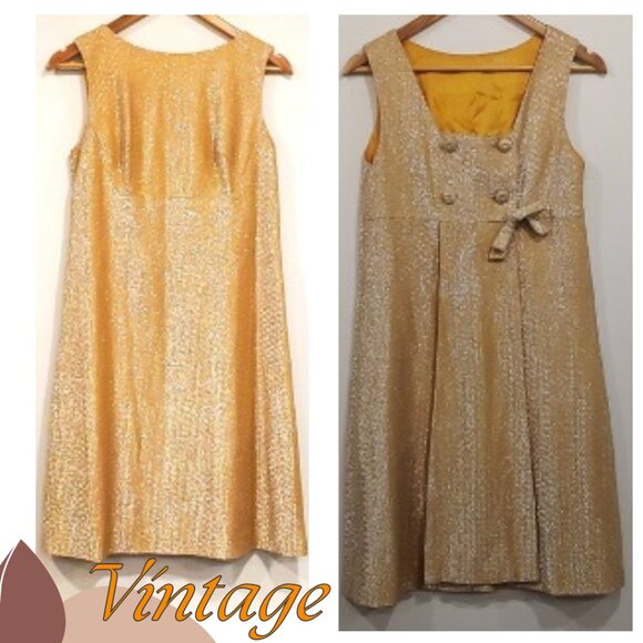 Vintage Metallic Gold Baby Doll Midi Dress / Maternity Dress Bow Tie Open Back - Picture 1 of 10